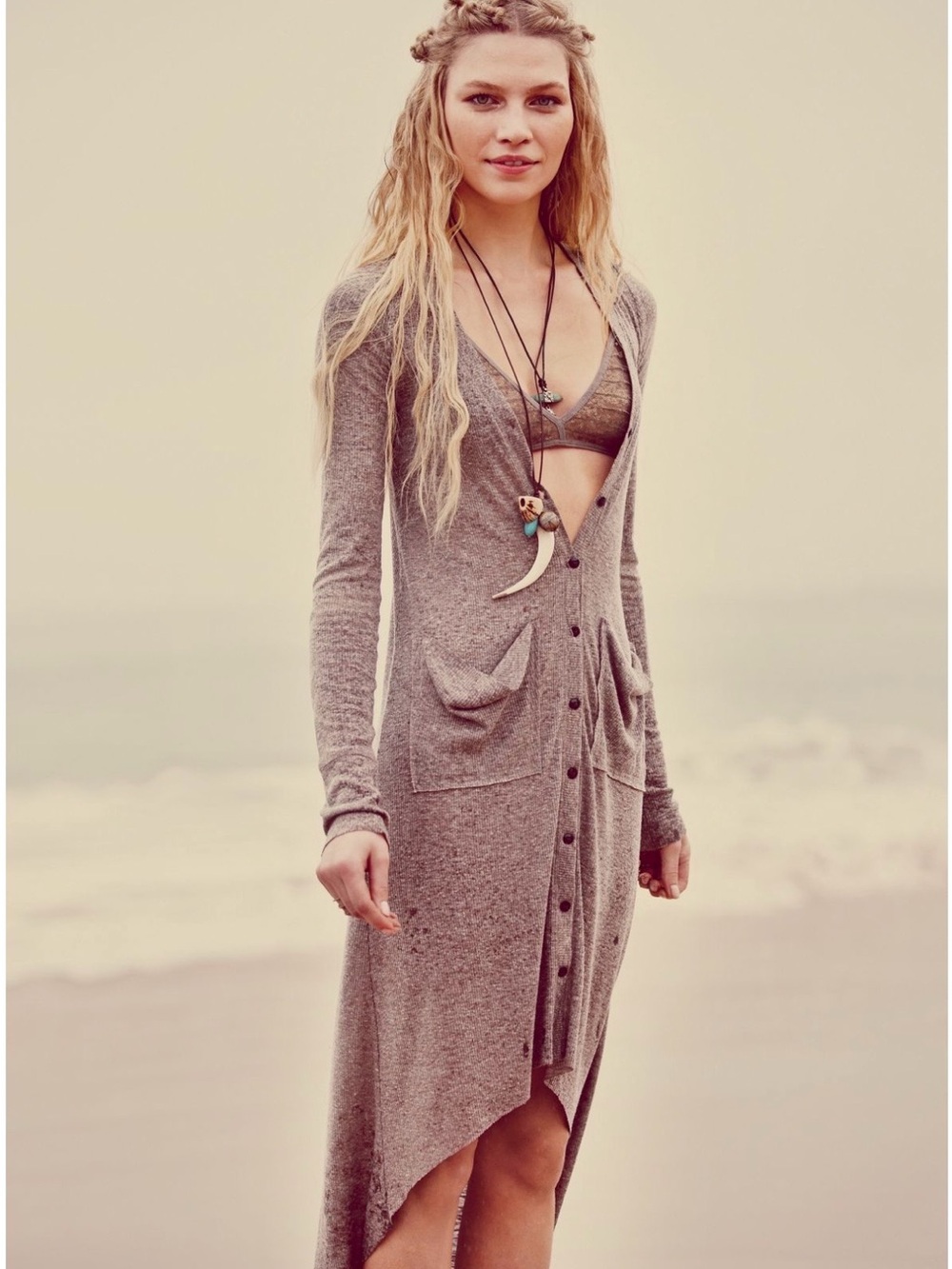 Free People FP Beach Ribbed Up Maxi Cardigan Lightweight